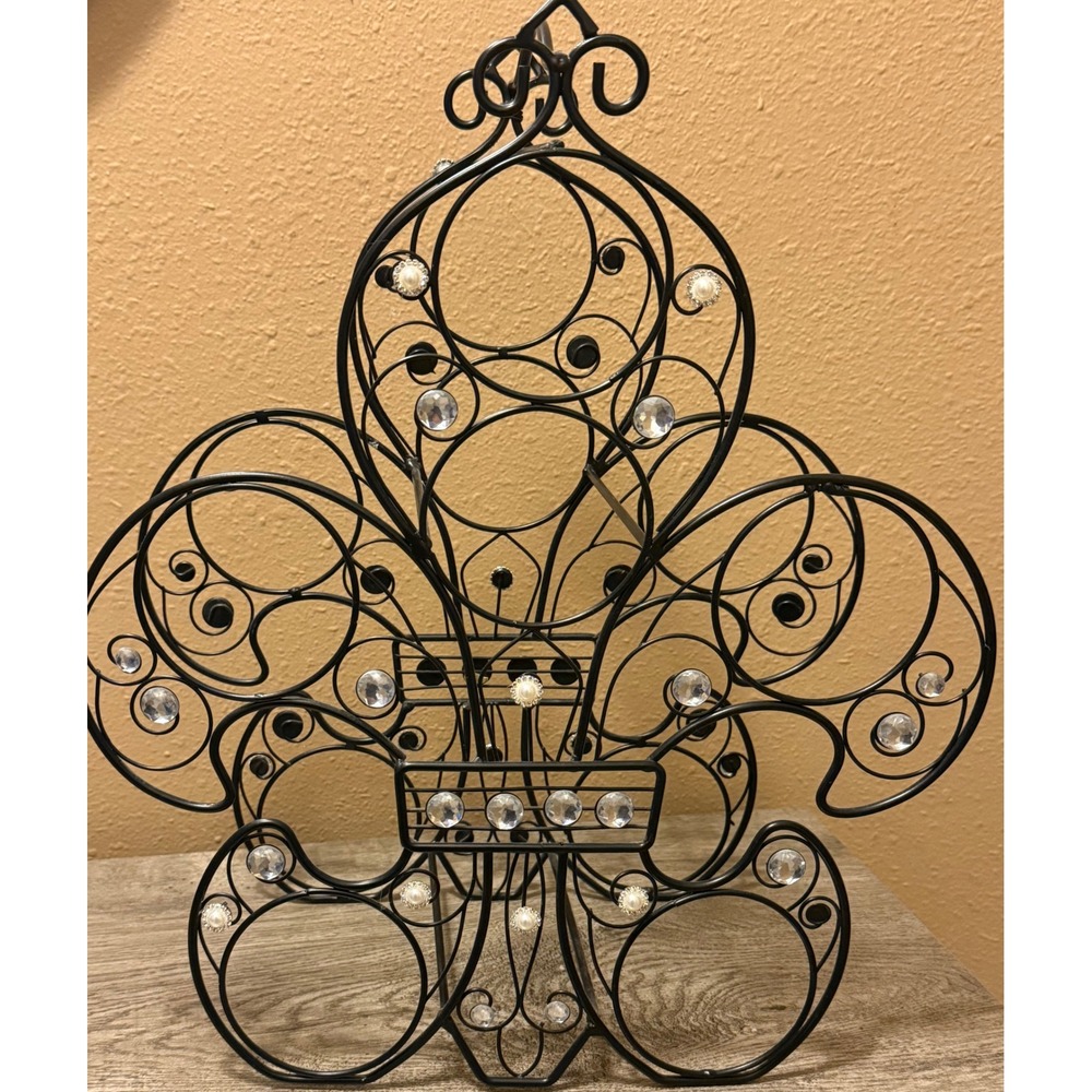 Fleur De Lis Wine Rack Black Wrought Iron 6 Bottle Holder Crystal Accents Scroll